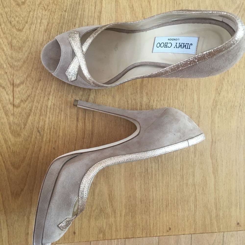 Jimmy Choo Beige Suede & Gold Peep Toe Heels